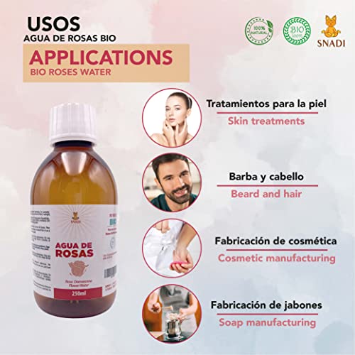 250 ml - Tonico facial Agua de Rosas pura - BIO. Hidrolato de rosas antioxidante, rejuvenece la piel, ayuda a la cicatrización y es ideal para el tratamiento de manchas.