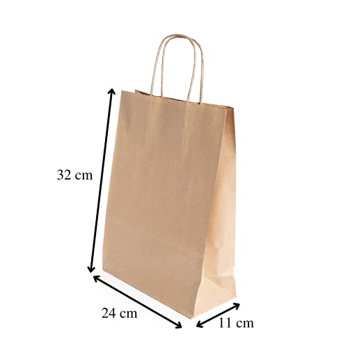 (250 uds.) Bolsas de Papel kraft BIODEGRADABLES con ASA RIZADA, para comercios, RECICLABLES, REUTILIZABLES Y SOSTENIBLES, bolsas marrones resistentes (240+110x320)