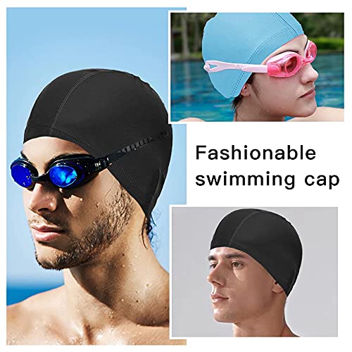 2Pcs Unisex Gorro de Natación Gorro Piscina Mujer y Hombre Gorro de Baño para Pelo Largo y Corto Gorros de Piscina Suave y Cómodo, Talla Unica (Negro + Azul Claro)