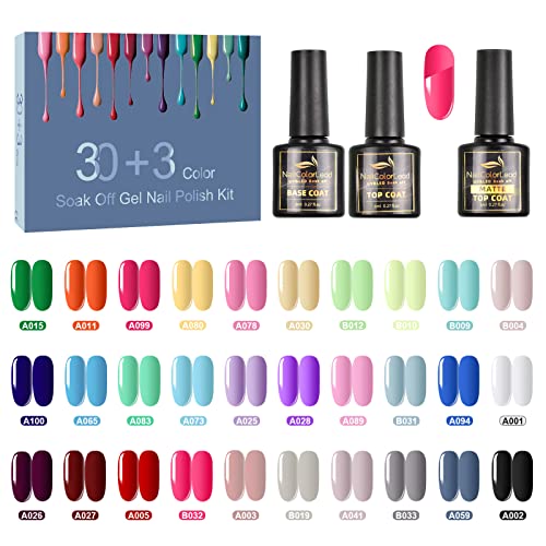 33 Pcs 8ML Esmalte Semipermanente, SHOWNAIL 30 Colores de Pintauñas Semipermanentes Remojo con Base, Top Coat Brillante y Mate, Set Esmalte de Uñas Semipermanentes con Negro, Blanco, Azul, Pastel