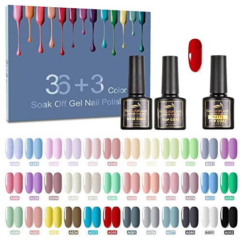 39 Pzs Esmaltes Semipermanentes, SHOWNAIL 36 Colores Clásica y Moda Pintauñas Semipermanente con Base, Top Coat Brillante y Mate, Uñas Semipermanentes Gel UV LED para Navidad y Año Nuevo, 8ML