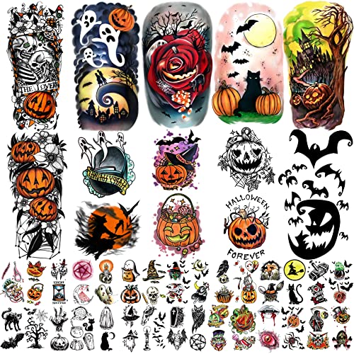 40 hojas de tatuajes temporales de Halloween para niños y adultos, maquillaje de Halloween, fiesta de disfraces, cosplay, calcomanías faciales, máscara, zombi, vampiro, bruja, tatuaje, pegatinas