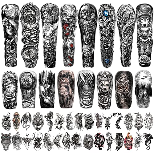 46 hojas de tatuajes temporales impermeables de brazo completo para hombres, tatuajes falsos de animales de flor de tigre león para mujeres adultas, tatuaje de mano en el antebrazo y hombro en 3D