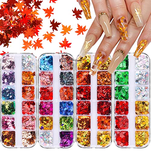 48 cuadrículas Lentejuelas Holograficas Glitter, Kalolary 3D Lentejuelas Holográficas para Gracias con Láser Hojas Otoño Brillantes Calcomanías Uñas Escamas para Mujeres Maquillaje Bricolaje(4 cajas)