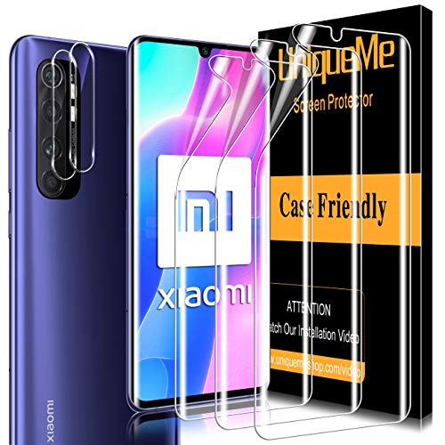 5 Pack UniqueMe Protector de Pantalla Compatible con Xiaomi Mi Note 10 Lite con 3 Pack HD Película de TPU y 2 Pack Protector de Lente de Cámara,[Sin Burbujas] [Fácil de Instalar]