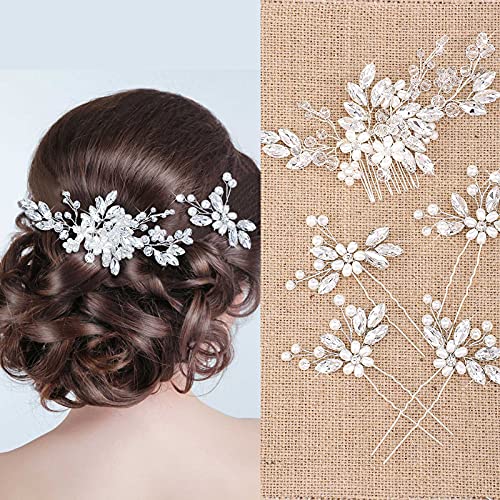 5 Peines Laterales de Perla de Pelo de Boda Peine de Cristal de Pelo Horquillas en Forma U de Pelo de Novia Accesorio de Diamantes de Imitación Peine de Pelo de Flor de Perla (Plata)