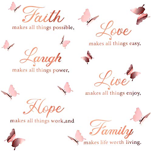 6 pegatinas de pared de Faith Hope Love Laugh Family Live con 12 piezas de pegatinas de mariposa 3D inspiradoras para decoración de hogar y oficina (oro rosa)