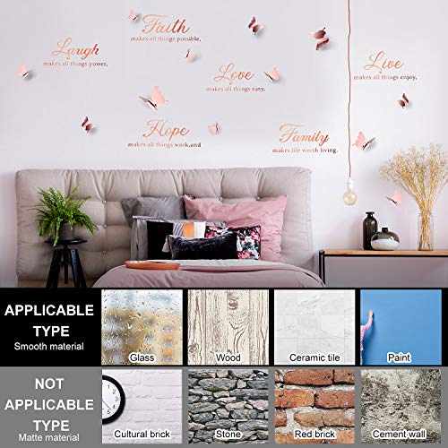 6 pegatinas de pared de Faith Hope Love Laugh Family Live con 12 piezas de pegatinas de mariposa 3D inspiradoras para decoración de hogar y oficina (oro rosa)