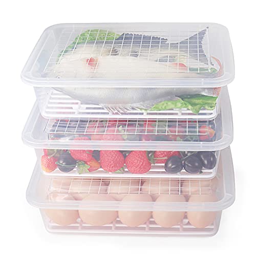 77L Recipiente de Almacenamiento de Alimentos, (Paquete de 3) Recipientes de Plástico para Alimentos con Plato de Drenaje Extraíble y Tapa, Portátiles Apilables,Bandeja para Guardar Frutas,Carne y Más