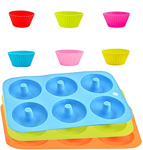 9pcs - 3 Molde para Donut Molde de Silicona para Pasteles, Bandeja para Hornear Muffins , 6 Cavidades de Pastel Antiadherente con 6 Taza de Muffin Reutilizada para Tartas,Magdalenas,Galletas,Bagels