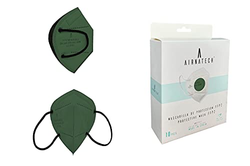 A AIRNATECH Mascarillas FFP2 Verde Botella pack de 10 unidades. Marcado CE0161 Homologadas - Normativa EN149: 2001+A1: 2009 - 5 Capas de 95% Filtración - Mascarilla ffp2 protección respiratoria