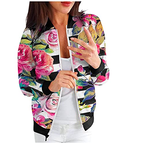 A / B Peony's Daily Outwear con bolsillos O - cuello Zipper Manga larga Peony Print Classic Jacket Casual Top Jacket ligero (Pink, XXL)