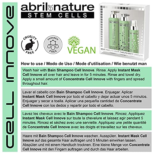 abril et nature - Pack Tratamiento Vegano Hidratación Profunda CELL INNOVE - Mascarilla Pelo, Sérum Pelo y Champú Células Madre de Regalo - Champú Hidratante Profesional Rejuvenecedor Antifrizz