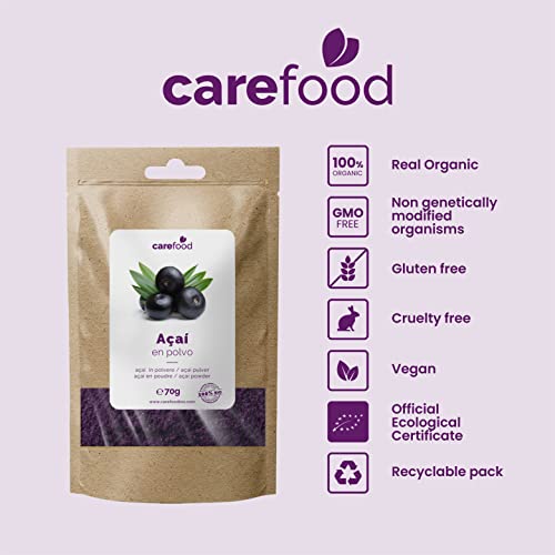 Acai en Polvo 100% Orgánico 70 gr Carefood | Bayas de Acai | Acai Berry | 100% BIO | Natural y sin Azúcares añadidos