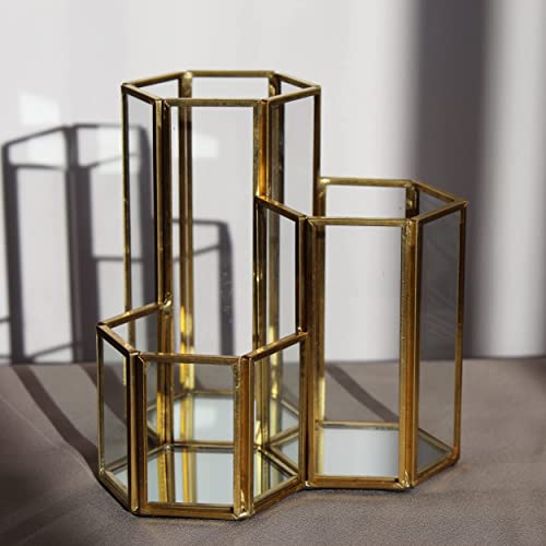 Accesorio de tocador hexagonal de cristal dorado, organizador de cosméticos minimalista con base de espejo y marco de metal, tres compartimentos duraderos para organizar tu dormitorio o cómoda.