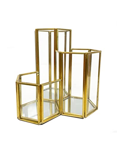 Accesorio de tocador hexagonal de cristal dorado, organizador de cosméticos minimalista con base de espejo y marco de metal, tres compartimentos duraderos para organizar tu dormitorio o cómoda.