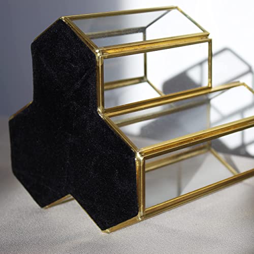 Accesorio de tocador hexagonal de cristal dorado, organizador de cosméticos minimalista con base de espejo y marco de metal, tres compartimentos duraderos para organizar tu dormitorio o cómoda.