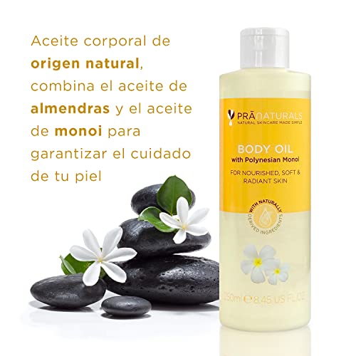 Aceite corporal Pranaturals con Monoi de Polinesia - Piel Suave y Radiante, Mejora la Elasticidad - Nutrición e Hidratación - Fórmula de Origen Natural - Fragancia de Coco y Frangipani