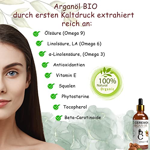 Aceite de Argán VEGETAL de Marruecos Ecológico Natural, Vegano 100% Bio Puro Primera Presión en Frío para Pelo, Piel, Barba y Uñas. con Botella de Vidrio- 100 ml