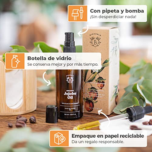 ACEITE DE JOJOBA ORGÁNICO | 100% Puro, Natural y Prensado en Frío | Rostro, Cuerpo, Cabello, Barba, Uñas | Vegano y Cruelty Free | Jojoba Oil | Botella de Vidrio + Pipeta + Bomba (100ml)