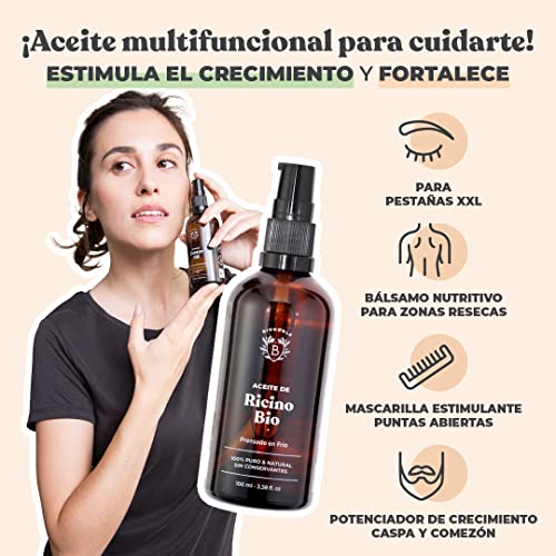 ACEITE DE RICINO ORGÁNICO | 100% Puro, Natural y Prensado en Frío | Pestañas, Cejas, Cuerpo, Cabello, Barba, Uñas | Vegano y Cruelty Free | Castor Oil | Botella de Vidrio + Pipeta + Bomba (100ml)