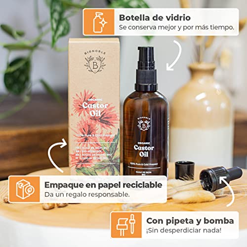 ACEITE DE RICINO ORGÁNICO | 100% Puro, Natural y Prensado en Frío | Pestañas, Cejas, Cuerpo, Cabello, Barba, Uñas | Vegano y Cruelty Free | Castor Oil | Botella de Vidrio + Pipeta + Bomba (100ml)