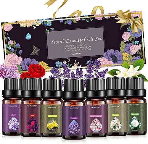 Aceites Esenciales Natural 7 x 10ML, Aceite Esencial Aromaterapia Floral Puro para Humidificador y Difusor Aroma - Flores de Cerezo, Clavo, Jazmín, Lavanda, Rosa, Té Blanco, Ylang Ylang