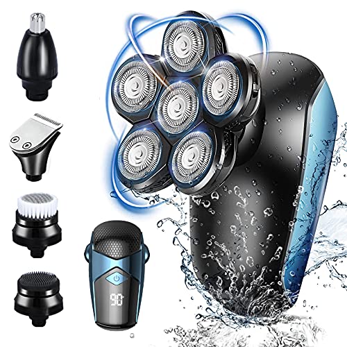 Afeitadora Electrica Hombre, 5 In 1 Afeitadora Cabeza Hombre con 6 Cabezas Rotativa Máquina de Afeitar Impermeable Uso en Húmedo y Seco USB Recargable, Afeitadora Barba Hombre