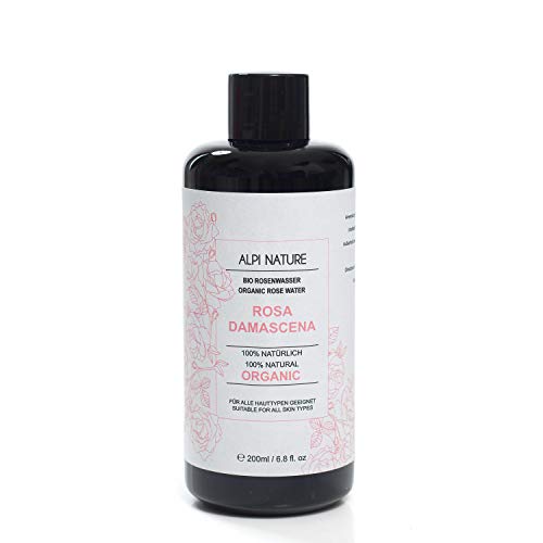 Agua de rosas orgánica (200 ml), tónico facial Rosa Damascena, 100% pura y natural de destilación directa de agua, agua floral en botella de vidrio azul oscuro