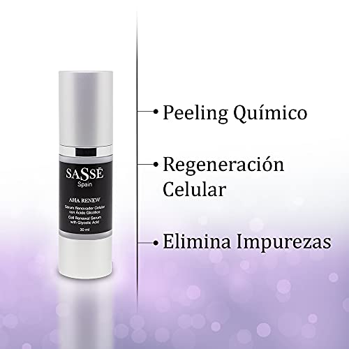 AHA RENEW - Sérum Renovador Celular Con Ácido Glicólico. Exfolia, Peeling, Regenera. Producto Natural Y Vegano. 30 Ml. Cosmética Natural Fabricada En España. Premios Innovación E I+d, Sassé.