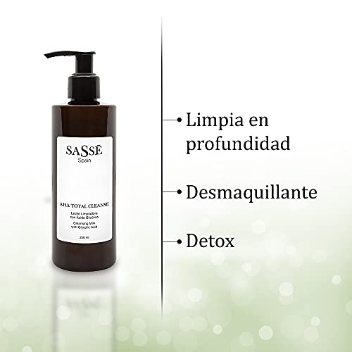 AHA TOTAL CLEANSE - Leche Limpiadora Facial Con Ácido Glicólico. Desmaquilla, Detox. Producto Natural Y Vegano. 250 Ml. Cosmética Natural Fabricada En España. Premios Innovación E I+d. Sassé.