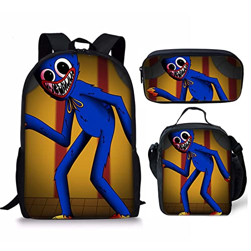 AHTTC Mochila de Horror del Tiempo de Horror de Poppy Playtime, Mochila de impresión de Wuggy Huggy, Bolso de la Escuela Monster Sausage, Adecuado para Regalos para niños Black-C