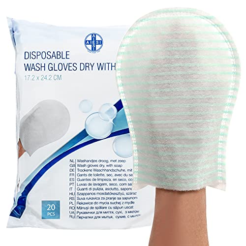 AIESI® Manoplas Jabonosas desechables impermeable con esponja suave (Paquete de 20 piezas), Delicadamente perfumado, Sin enjuague