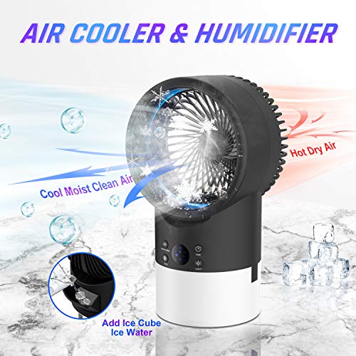 Aire Acondicionado Portatil Enfriador Aire, EEIEER 4 en 1 Mini Air Cooler Personal Aire Acondicionado Portátil Oficina Turbo-Ventilador Humidificador Purificador, 7 Luces LED 3 Velocidades Silencio