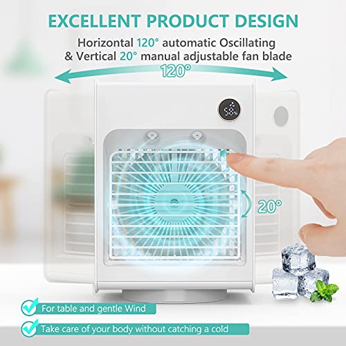 Aire acondicionado portátil Enfriador de Aire Climatizador Evaporativo Ventilador con Función de Humidificación, 3 Niveles de Potencia, Oscilación de 120 ° con luz nocturna para oficina y hogar