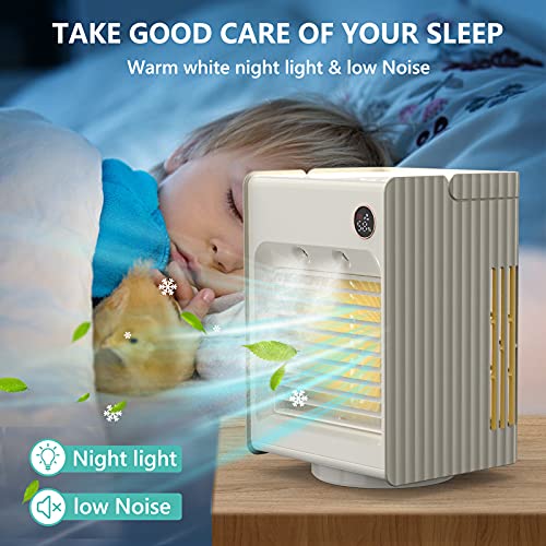 Aire acondicionado portátil Enfriador de Aire Climatizador Evaporativo Ventilador con Función de Humidificación, 3 Niveles de Potencia, Oscilación de 120 ° con luz nocturna para oficina y hogar