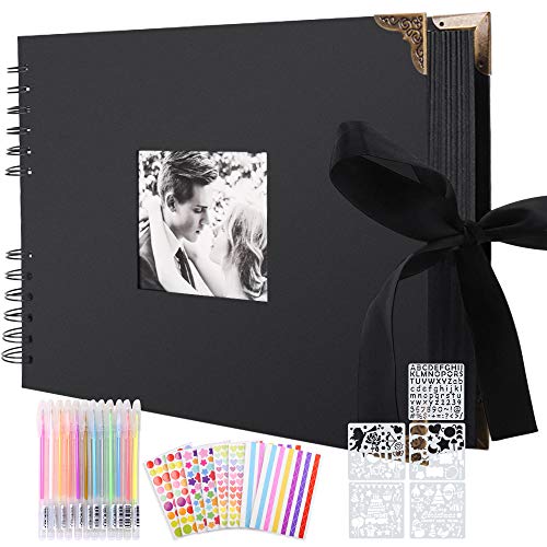 Album de Fotos Scrapbook Espiral, 80 Páginas Negras DIY Scrapbooking Album Set con 2pcs Photo Corners 6pcs Pegatinas 5pcs Plantillas 12 Rotuladores de Colores, para Boda Aniversario Cumpleaños Navidad