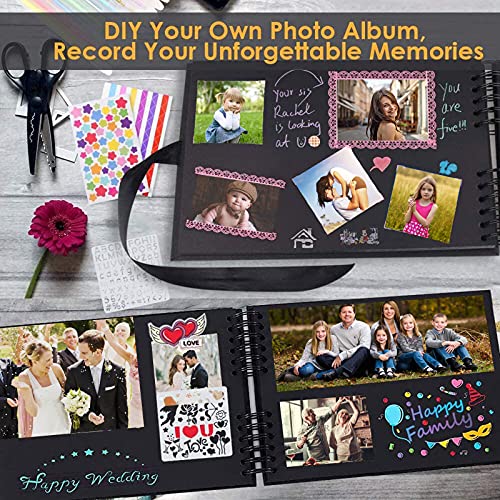 Album de Fotos Scrapbook Espiral, 80 Páginas Negras DIY Scrapbooking Album Set con 2pcs Photo Corners 6pcs Pegatinas 5pcs Plantillas 12 Rotuladores de Colores, para Boda Aniversario Cumpleaños Navidad