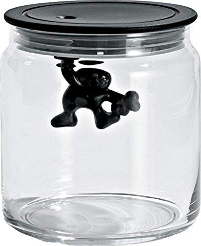 Alessi AMDR04 B - Tarro de cristal con tapa hermética y diseño de hombre colgante, color negro