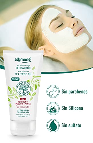 alkmene Mascarilla exfoliante 3en1 con aceite del árbol del té - anti espinillas, manchas y rojeces - cuidado facial vegano sin siliconas, ni parabenos 1x 150 ml