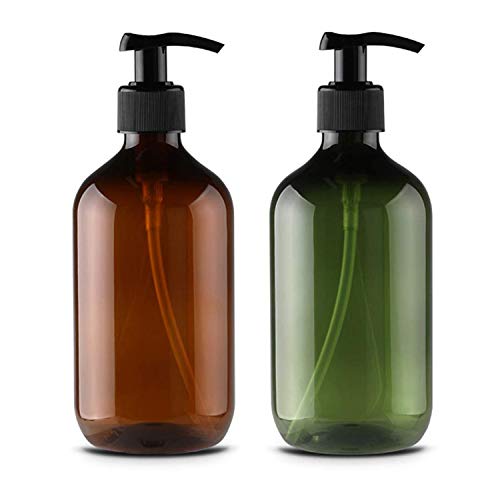 Alledomain 2 botellas vacías de plástico rellenables de 300 ml, para champú, crema de lavado corporal, gel de ducha, dispensador de líquidos de artículos de tocador (marrón y verde)