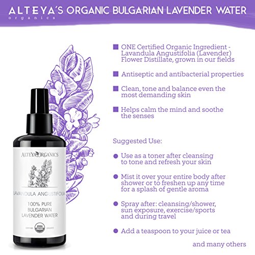 Alteya Tóner de agua de lavanda orgánico - Botella de vidrio - 200 ml, USDA orgánico, de la destilería de Alteya, grado de cuidado de la piel, especial destilado térmico