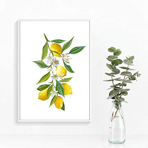 Amarillo Limón Poster Verano Fruta Lienzo Pared Pintura Fruta Tienda Minimalista Pared Arte Hogar Decoracion Verano Fruta Verde Hojas Limón Arte Cuadro （No Marco）