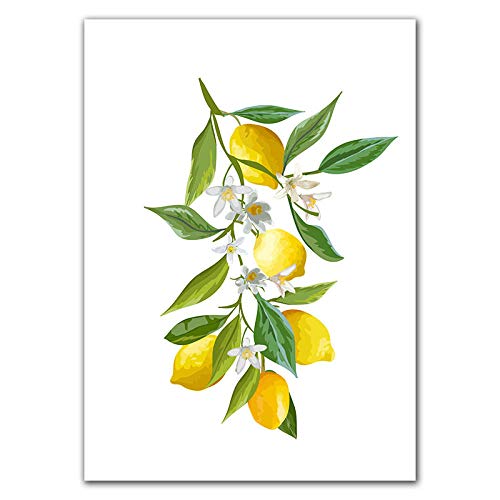 Amarillo Limón Poster Verano Fruta Lienzo Pared Pintura Fruta Tienda Minimalista Pared Arte Hogar Decoracion Verano Fruta Verde Hojas Limón Arte Cuadro （No Marco）