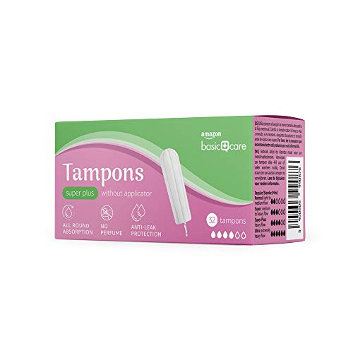 Amazon Basic Care Tampones Super Plus, sin aplicador, 4 paquetes de 32 (total 128)