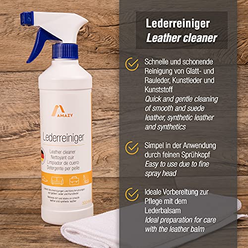 Amazy Kit de limpieza para cuero – Limpiador y bálsamo para cuero (500 ml cada uno) | Kit universal para limpieza, cuidado y sellado de piel de coche, zapatos de cuero, sofás, etc.