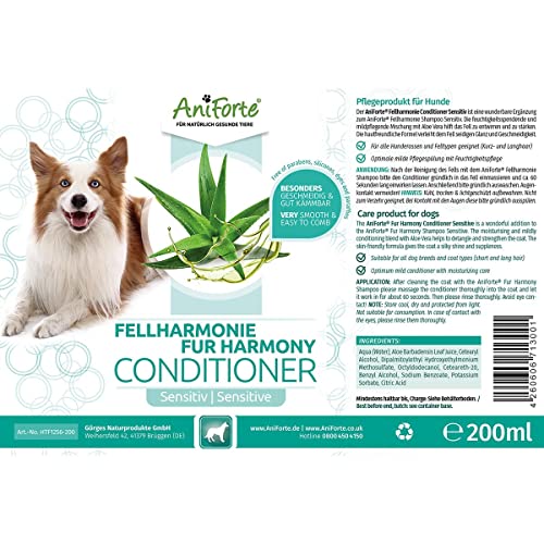 AniForte Acondicionador Fellharmonie Sensitiv para Perros 200ml - Natural para Perros, para Pelo Largo y Corto, Cuidado y protección con Aloe Vera, sin Esterilla, sin tintes y sin Perfume