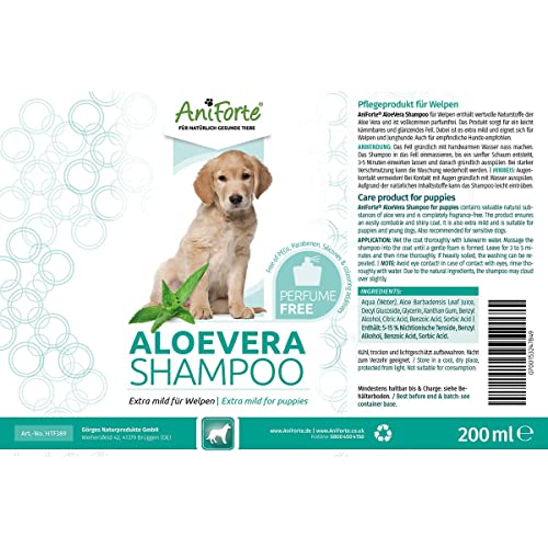 AniForte Champú Aloe Vera para Perros de 200ml - Champú Suave para Perros, sin Perfume, para Cachorros para Perros jóvenes y Perros sensibles, para un Pelo Brillante y fácil de peinar