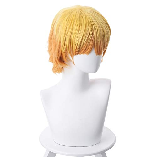 Ani·Lnc Agatsuma Zenitsu Demon Slayer Cosplay disfraz peluca amarillo degradado naranja rizado pelo corto para hombres