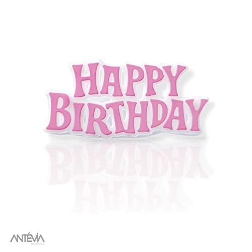 ANTEVIA - Lote de 12 velas de cumpleaños con placa de pastelería "Happy birthday", más de 10 modos, color rosa y con portavelas (Happy Rose)